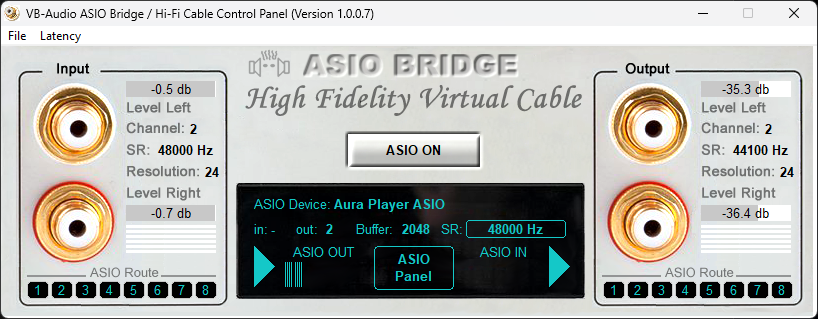 VB-Audio ASIO Bridge's control panel: input 48000 Hz, ASIO device Aura Player ASIO, buffer 2048