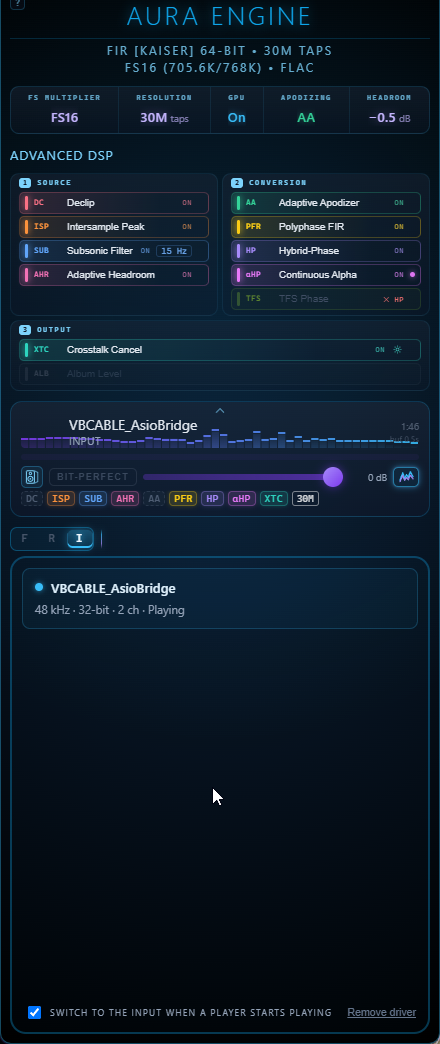 The input view: VBCABLE_AsioBridge playing 48 kHz, 32-bit, 2 channels into Aura Player