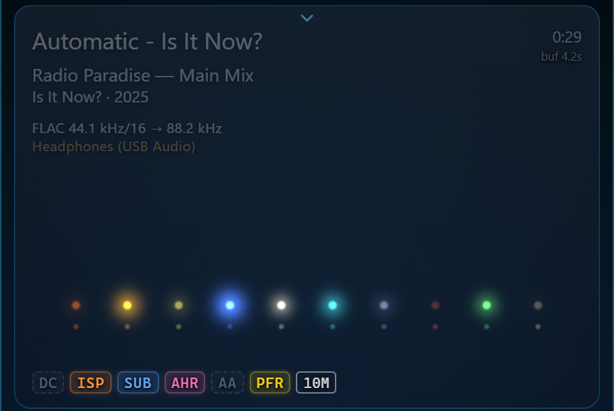 Lineup on a radio stream: each instrument of the song a light of its own, left to right as it sits in the mix