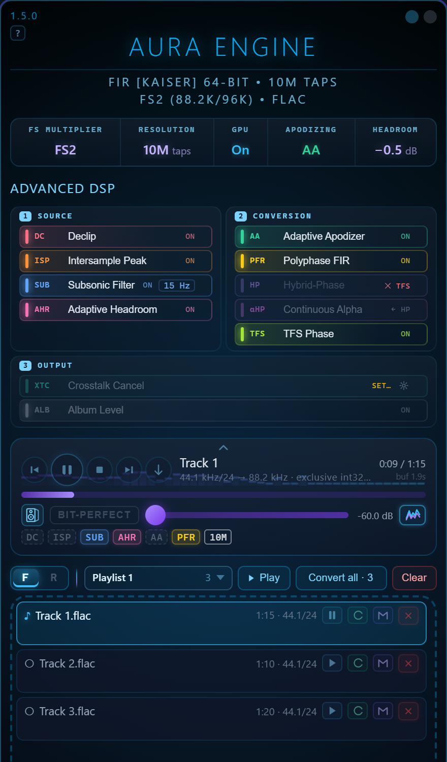 AuraEngine 1.5.0: the rack, Advanced DSP, the player and the list, a file playing