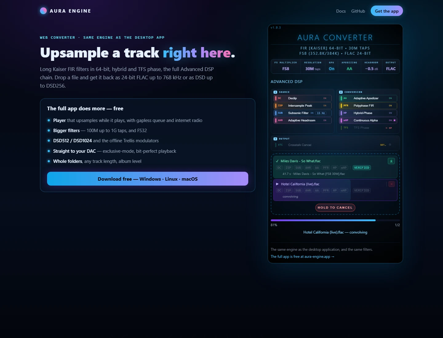 The web converter on Hugging Face: file upload, settings and the download of the result