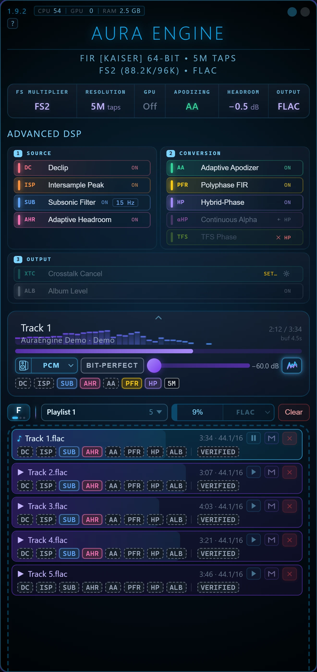 The AuraEngine window converting five tracks: the settings strip, the Advanced DSP rack, the player and the list with per-file badges