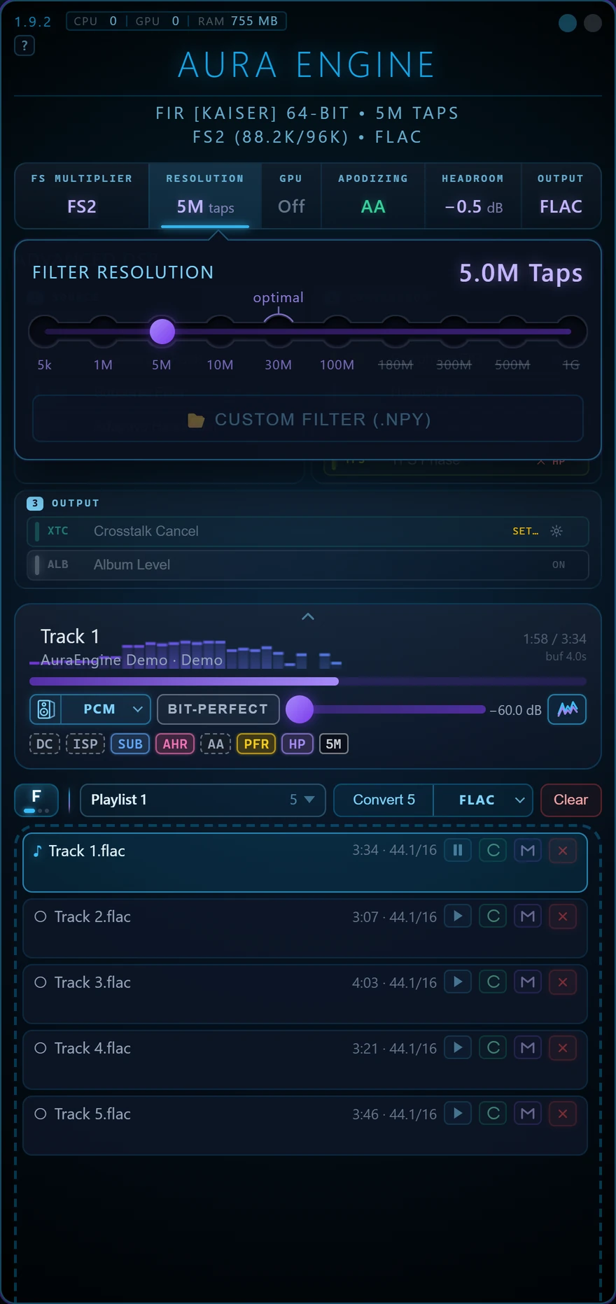 The Resolution control: a slider from 5k to 1G taps, set to 5M, with the optimal mark over 30M and the Custom filter button