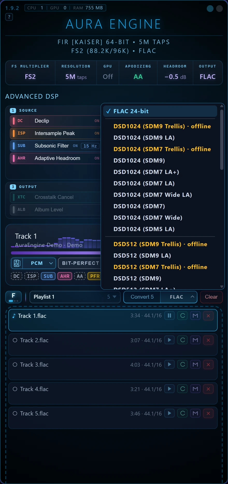 The Convert format picker open: FLAC 24-bit, and DSD1024 down to DSD64 with their modulators