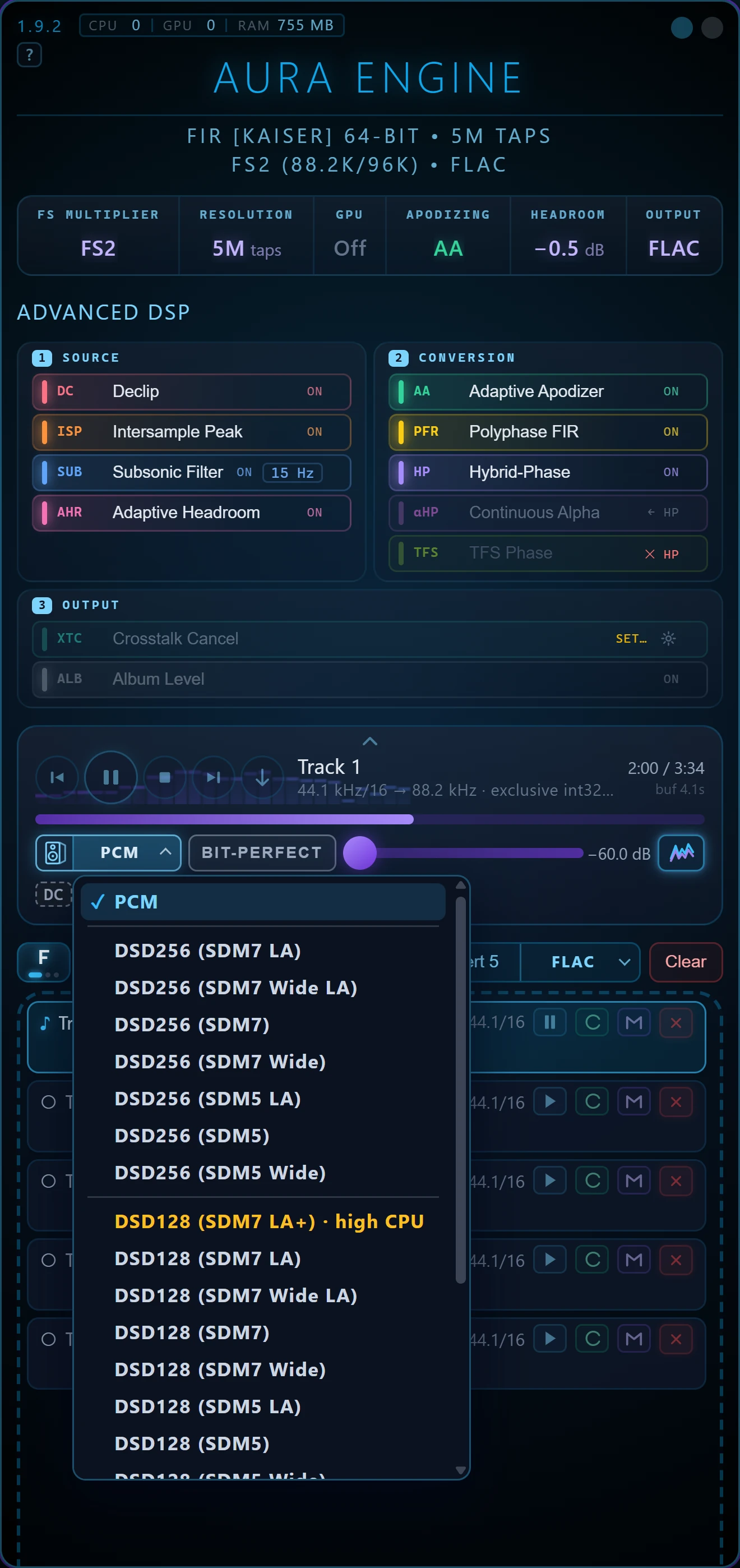 The player's format menu open: PCM checked, DSD256 and DSD128 with their modulators, heavy ones marked high CPU
