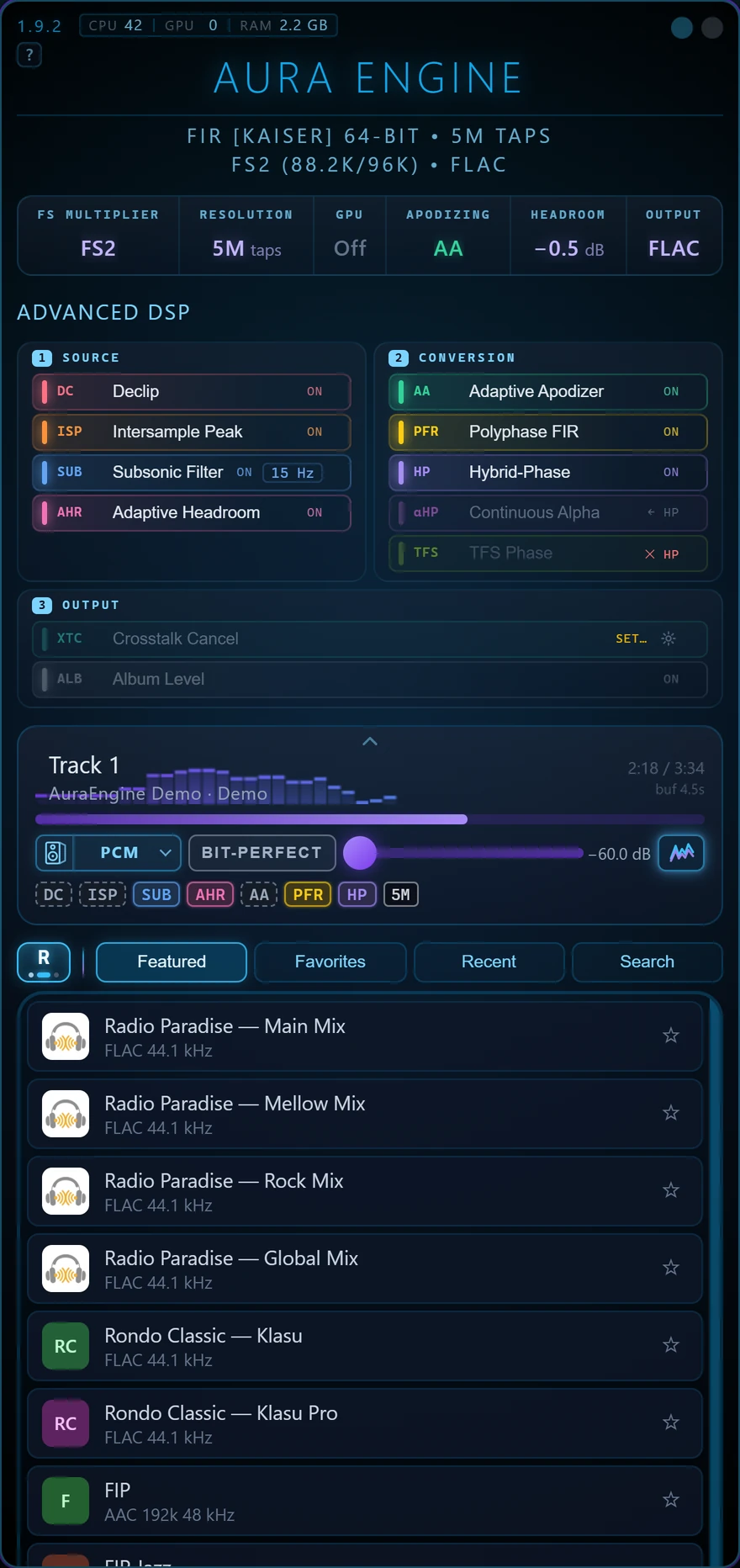 The radio view: Featured, Favorites, Recent and Search tabs over a list of stations